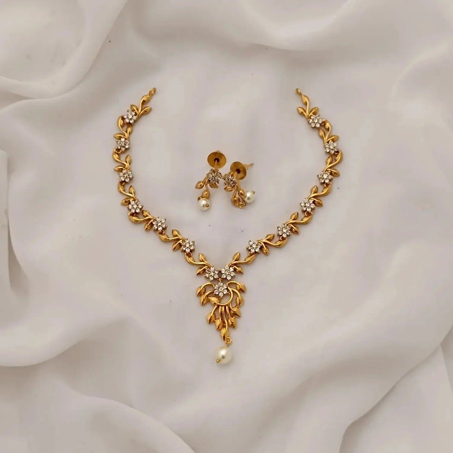 Floral Gold Plated American Diamond Necklace Set