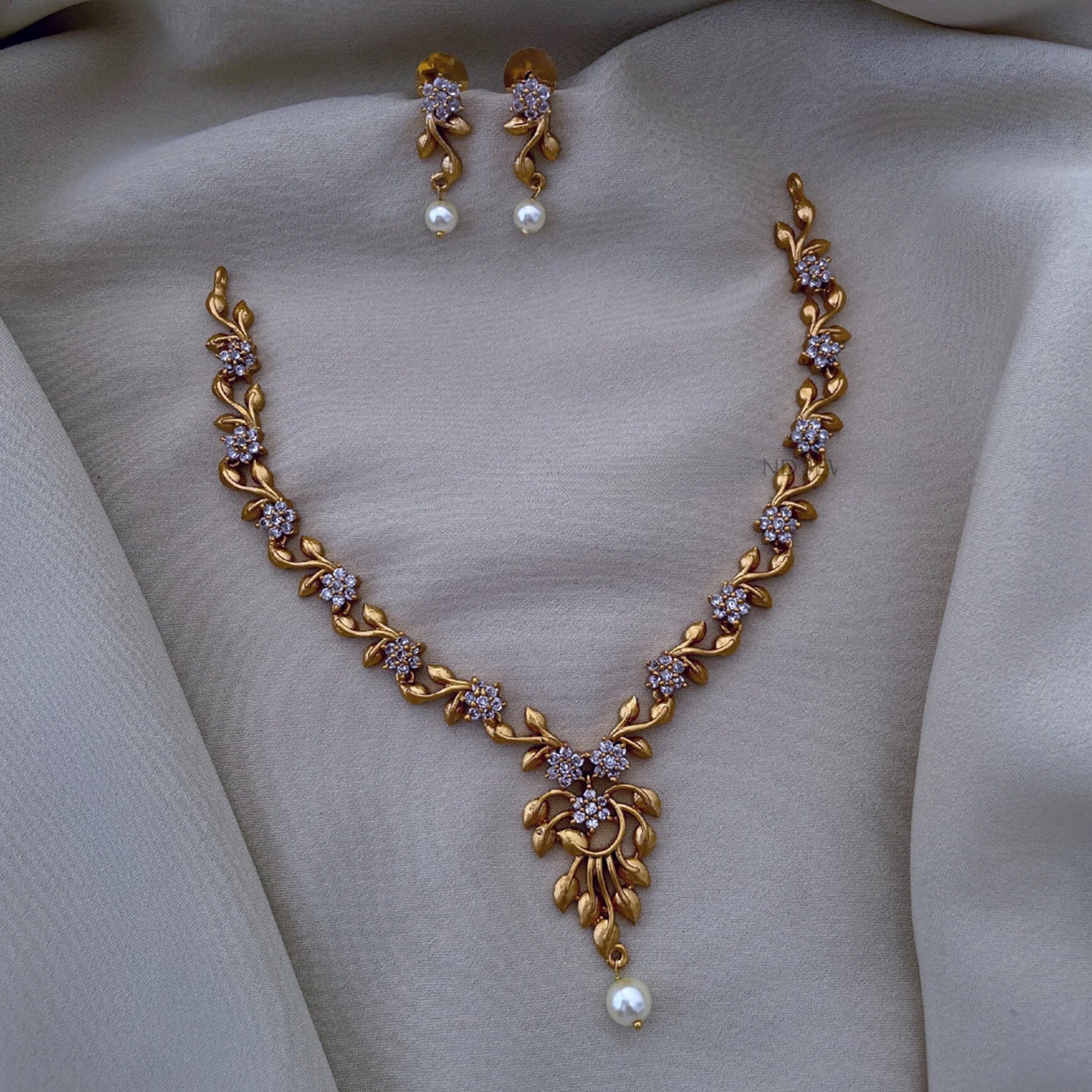 Floral Gold Plated American Diamond Necklace Set