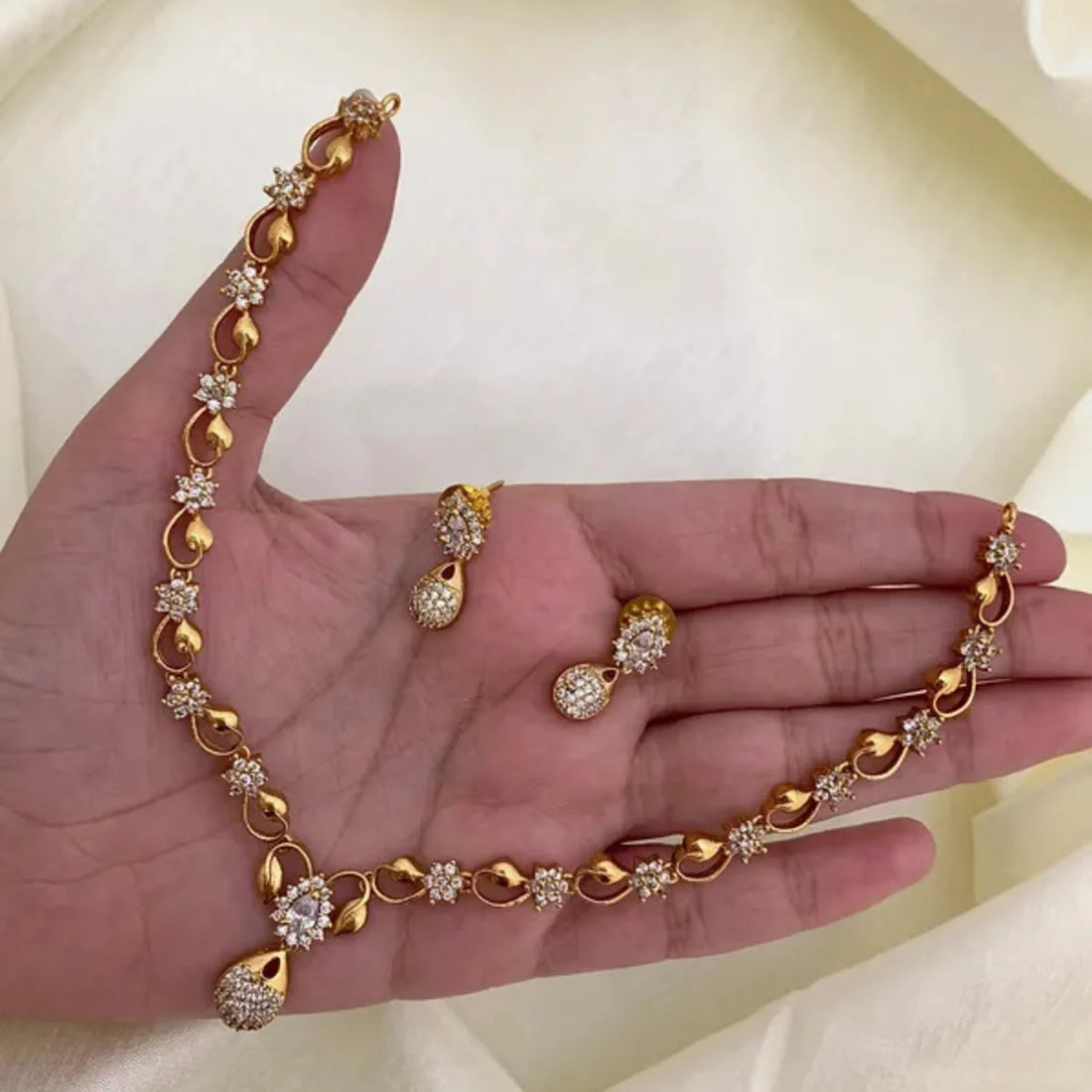 Delicate Gold Plated American Diamond Necklace Set