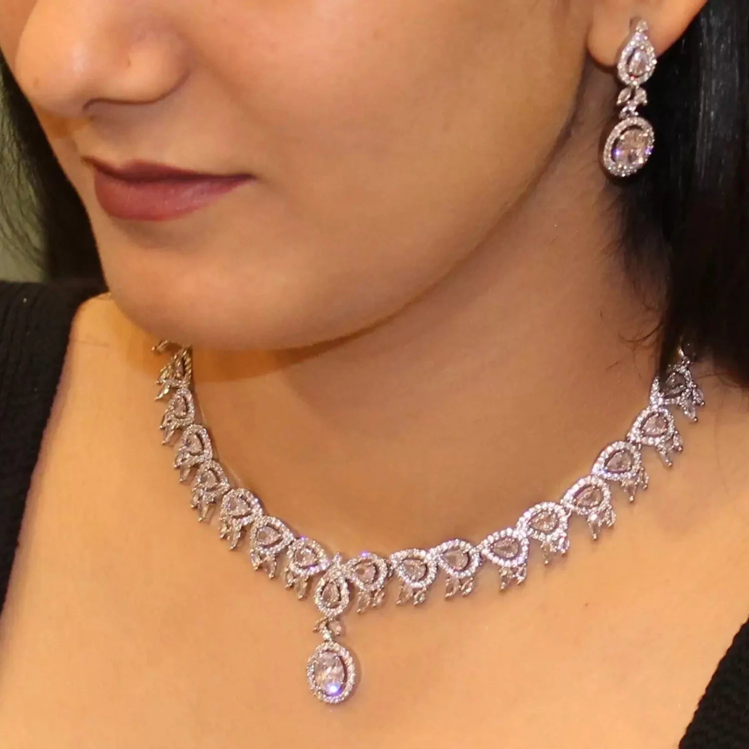 White American Diamond Teardrop Necklace Set with Earrings