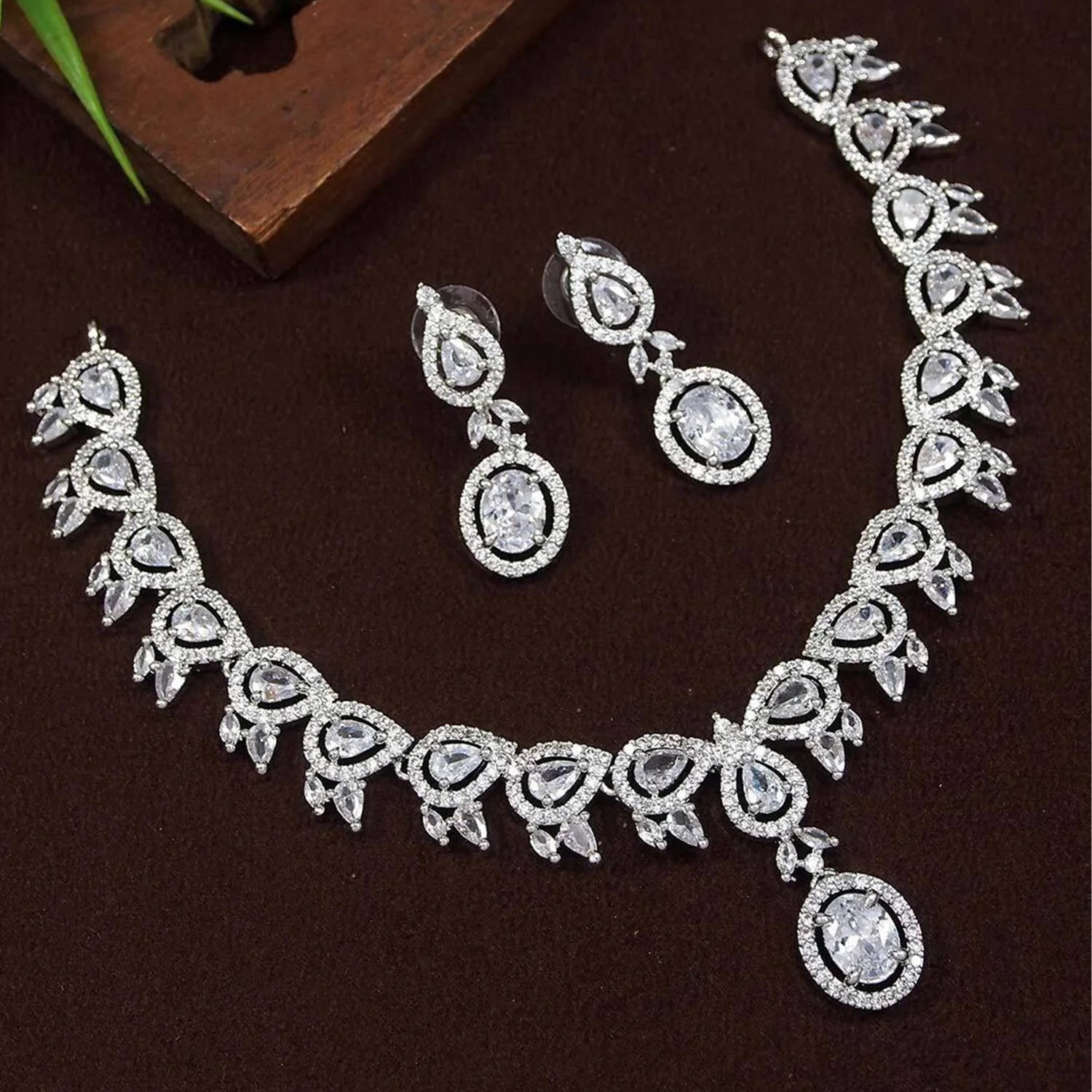 White American Diamond Teardrop Necklace Set with Earrings