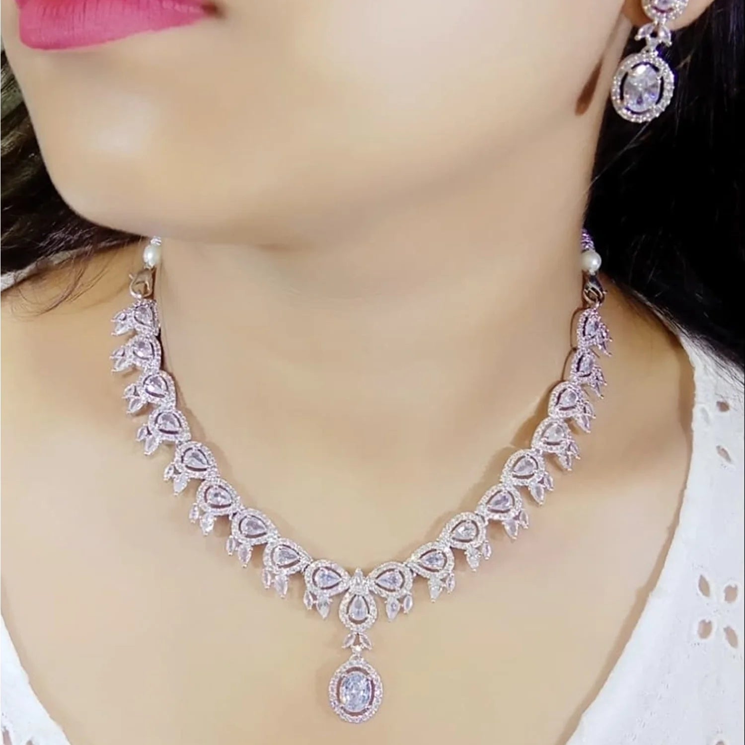 White American Diamond Teardrop Necklace Set with Earrings