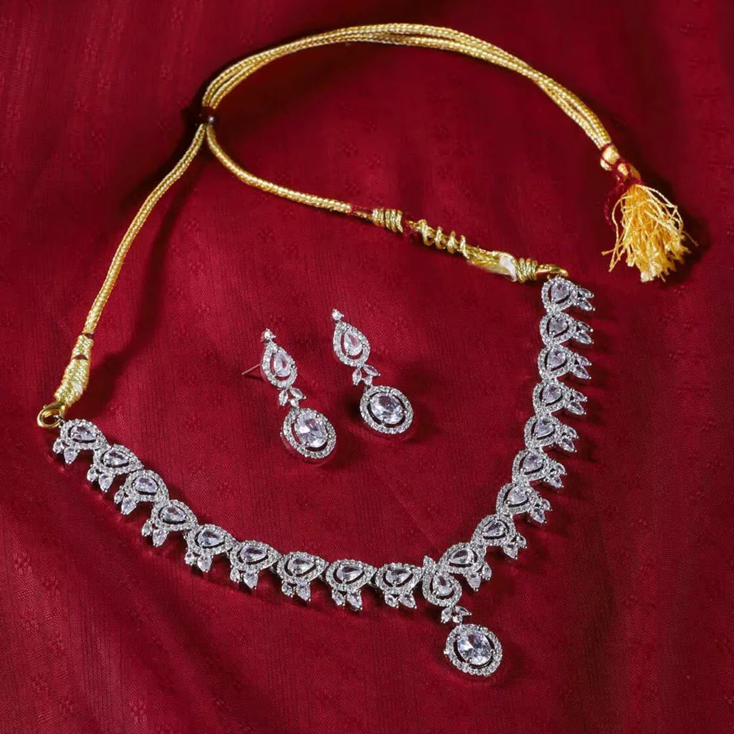 White American Diamond Teardrop Necklace Set with Earrings