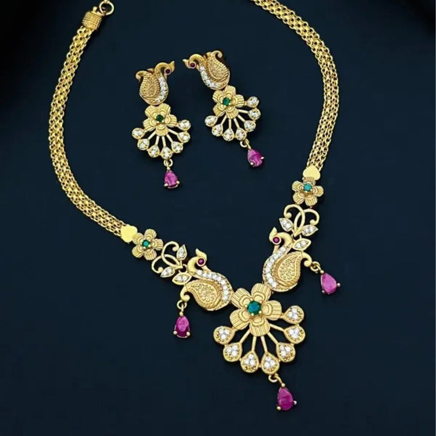 Peacock Floral American Diamond Necklace Set with Pink Drops