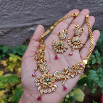 Peacock Floral American Diamond Necklace Set with Pink Drops