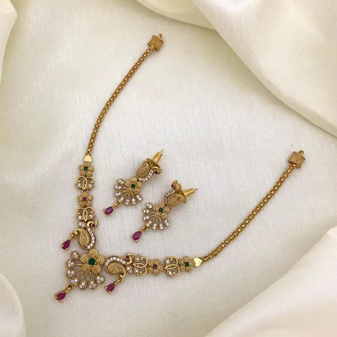 Peacock Floral American Diamond Necklace Set with Pink Drops