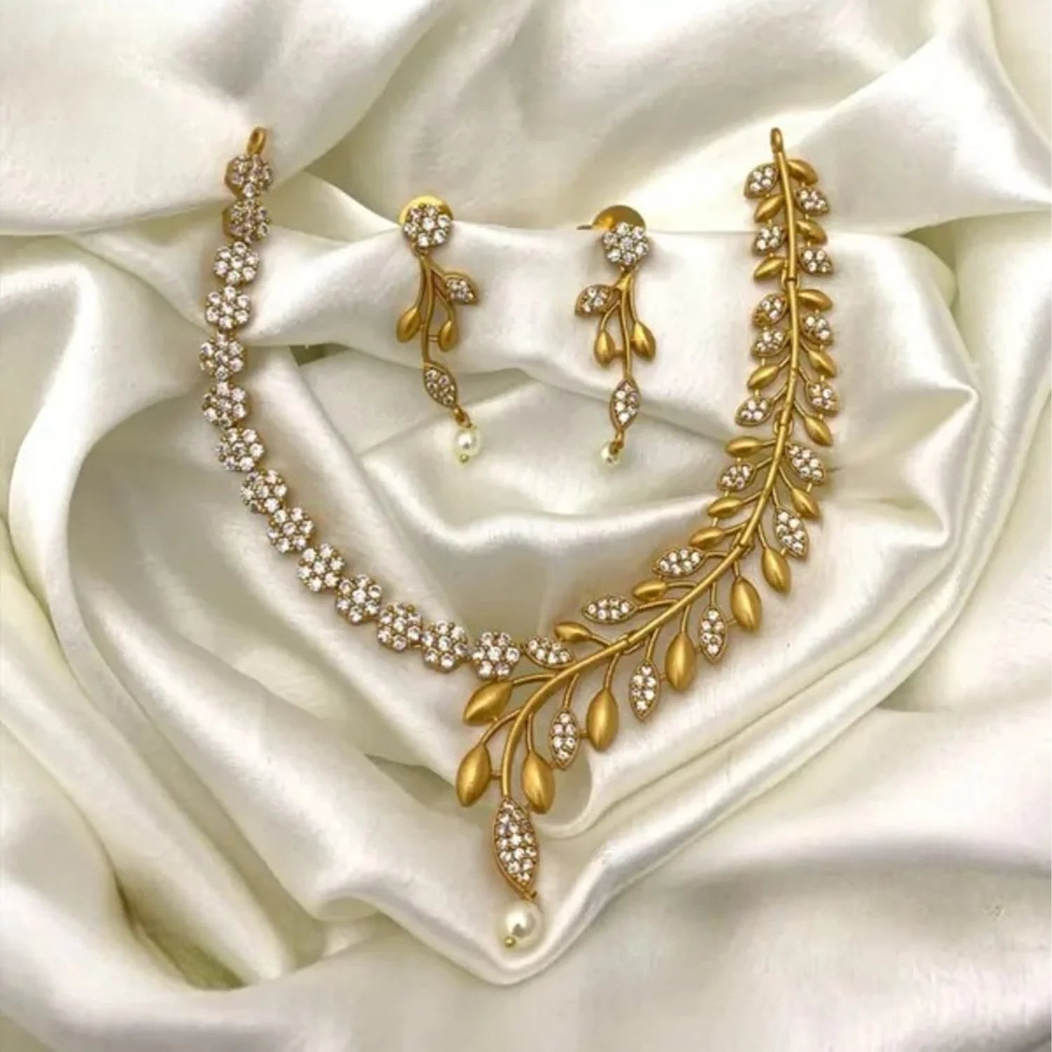 Leaf Design White AD Necklace Set with Pearl Drops