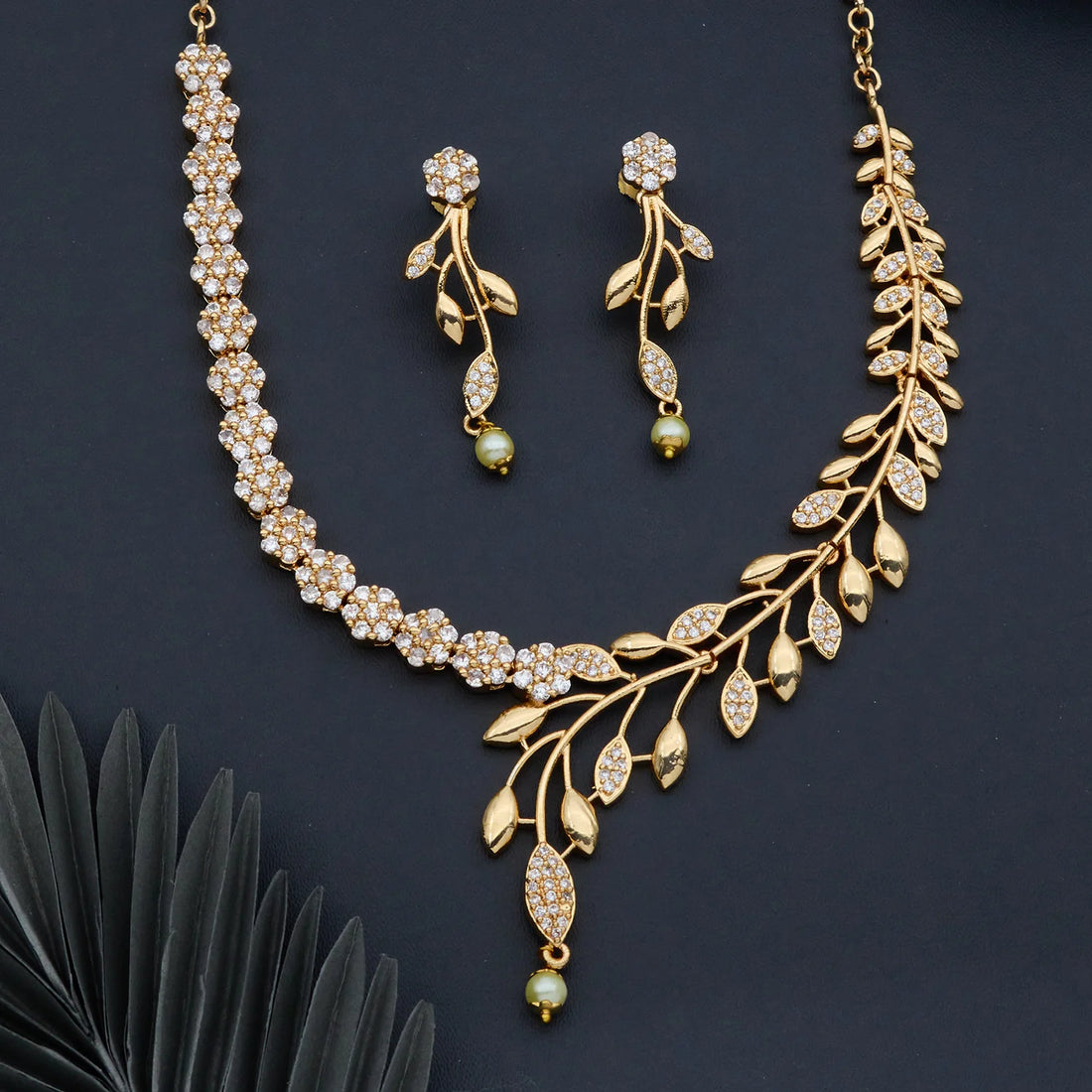 Leaf Design White AD Necklace Set with Pearl Drops