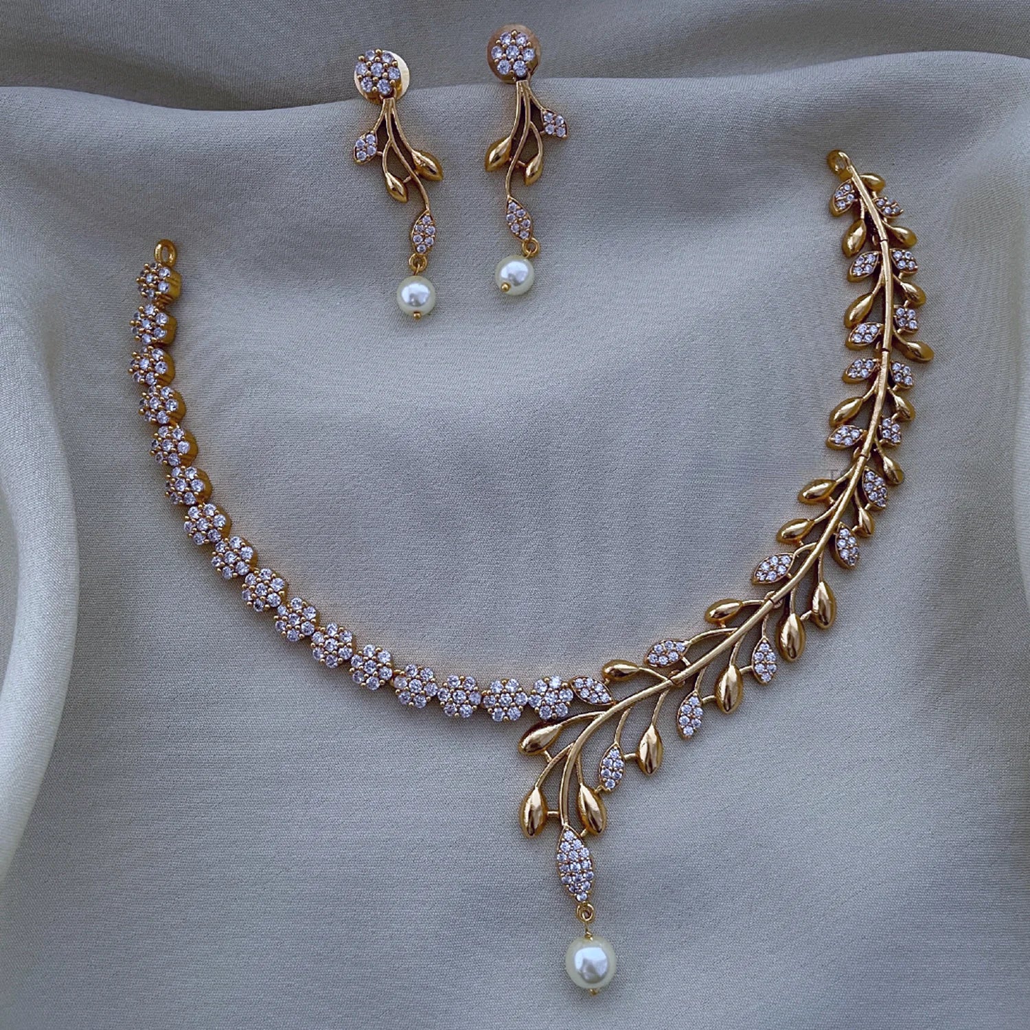 Leaf Design White AD Necklace Set with Pearl Drops