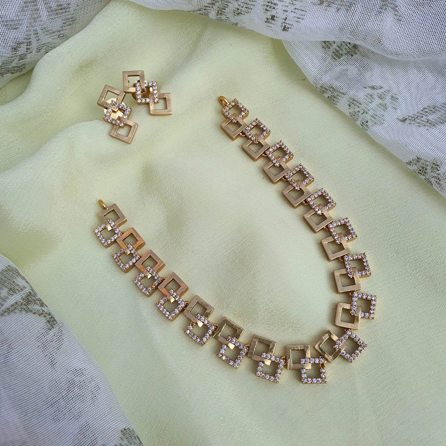 Geometric Gold AD Necklace Set with Earrings