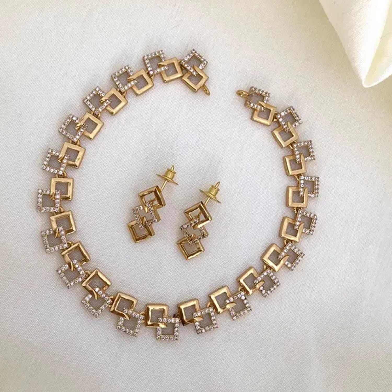 Geometric Gold AD Necklace Set with Earrings