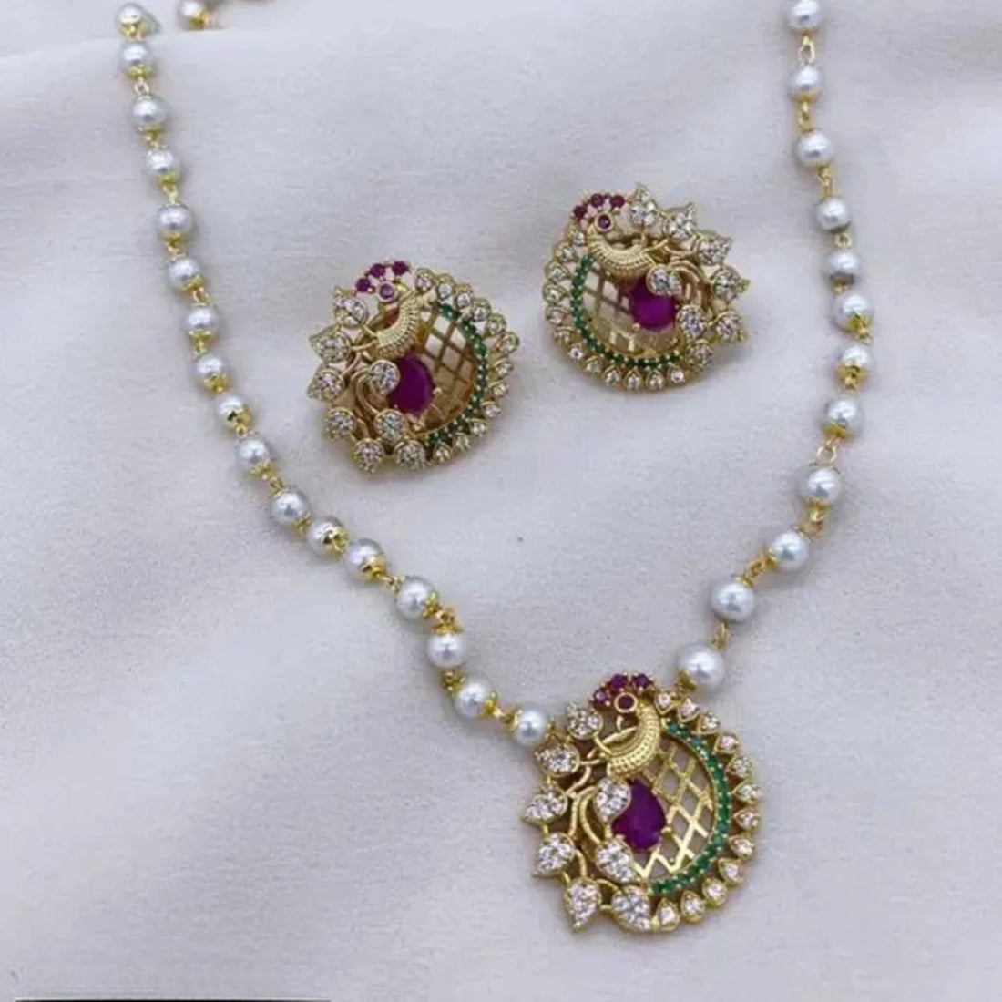 Peacock Pearl Pendant Set with Earrings Gold Plated
