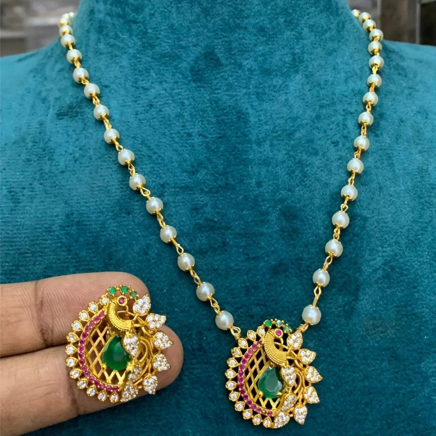Peacock Pearl Pendant Set with Earrings Gold Plated