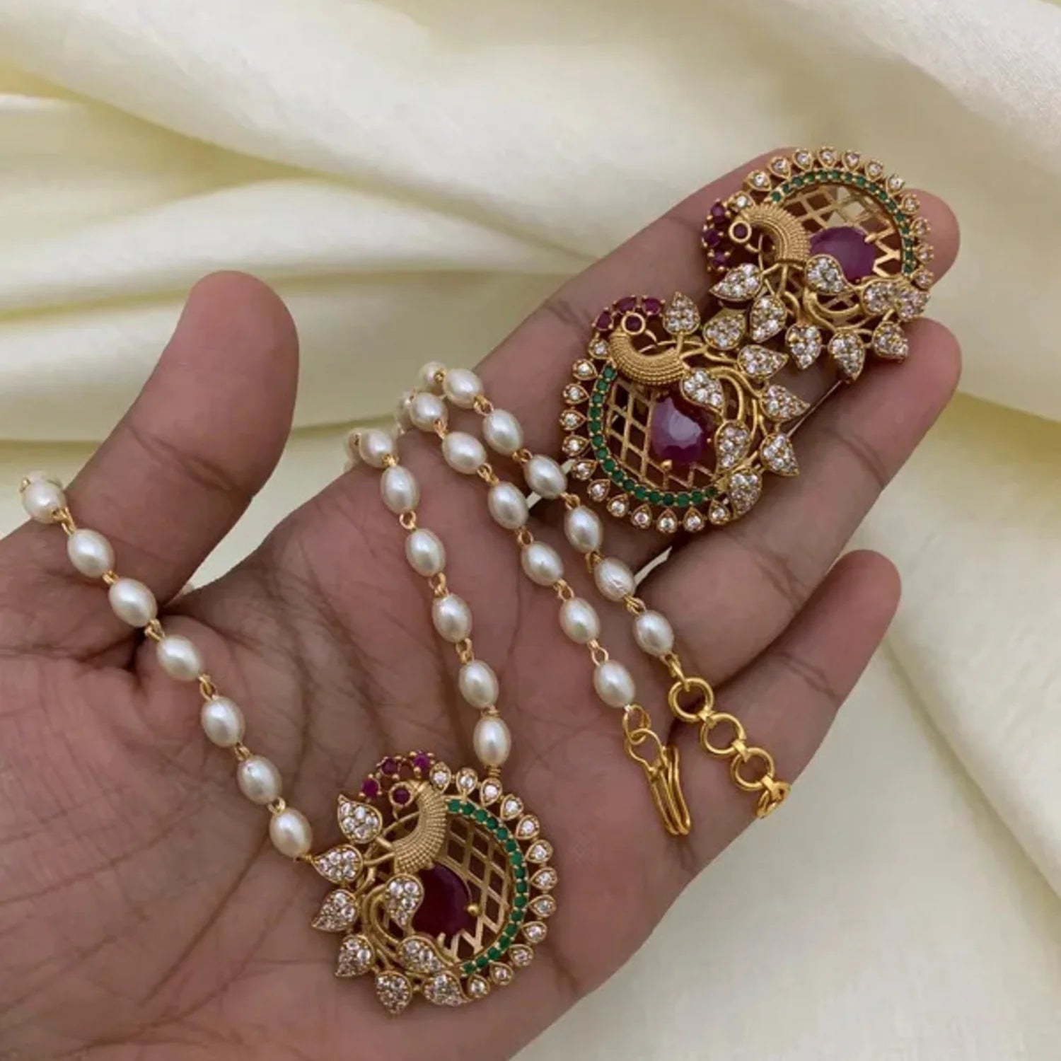 Peacock Pearl Pendant Set with Earrings Gold Plated