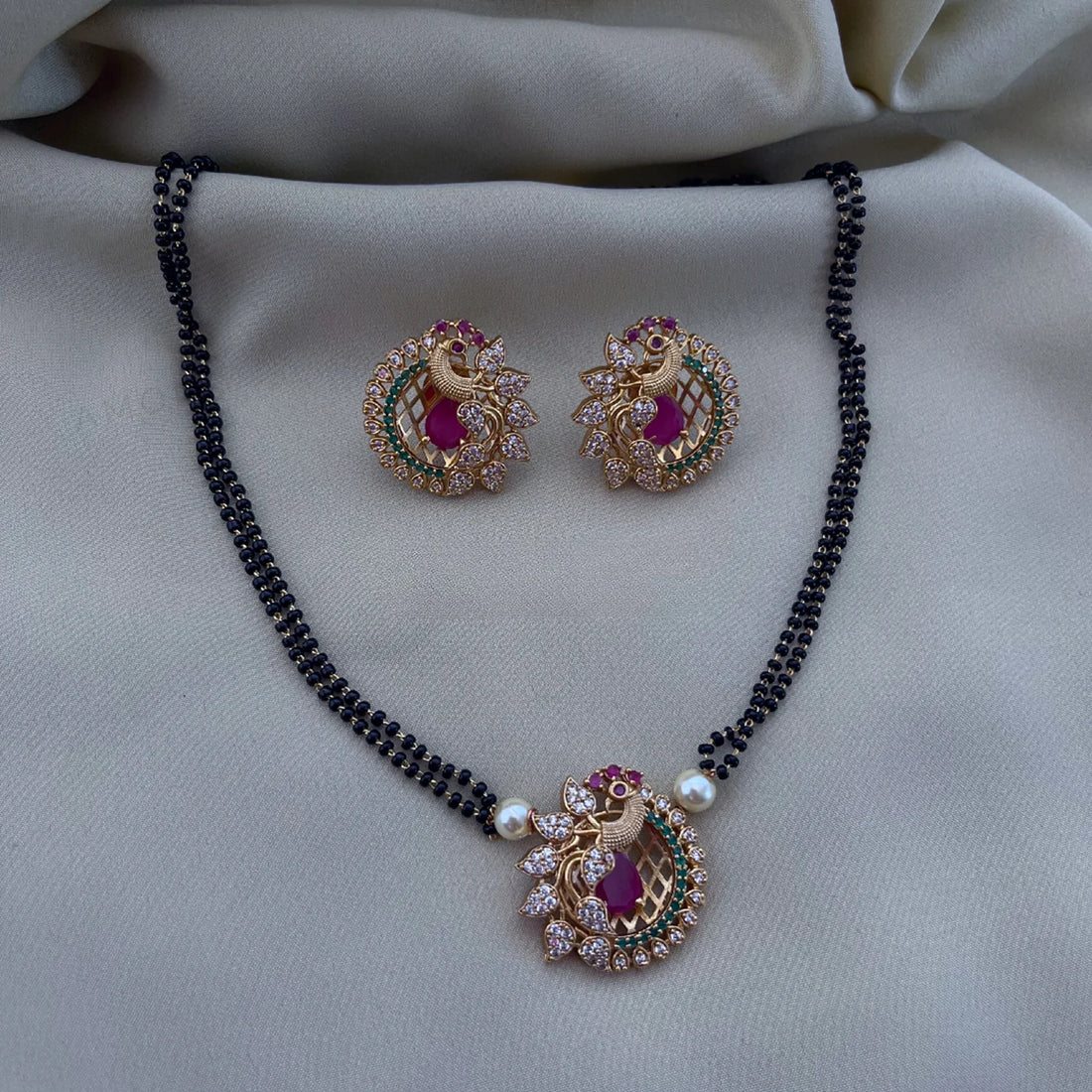 Peacock Mangalsutra Pendant Set with AD Stones