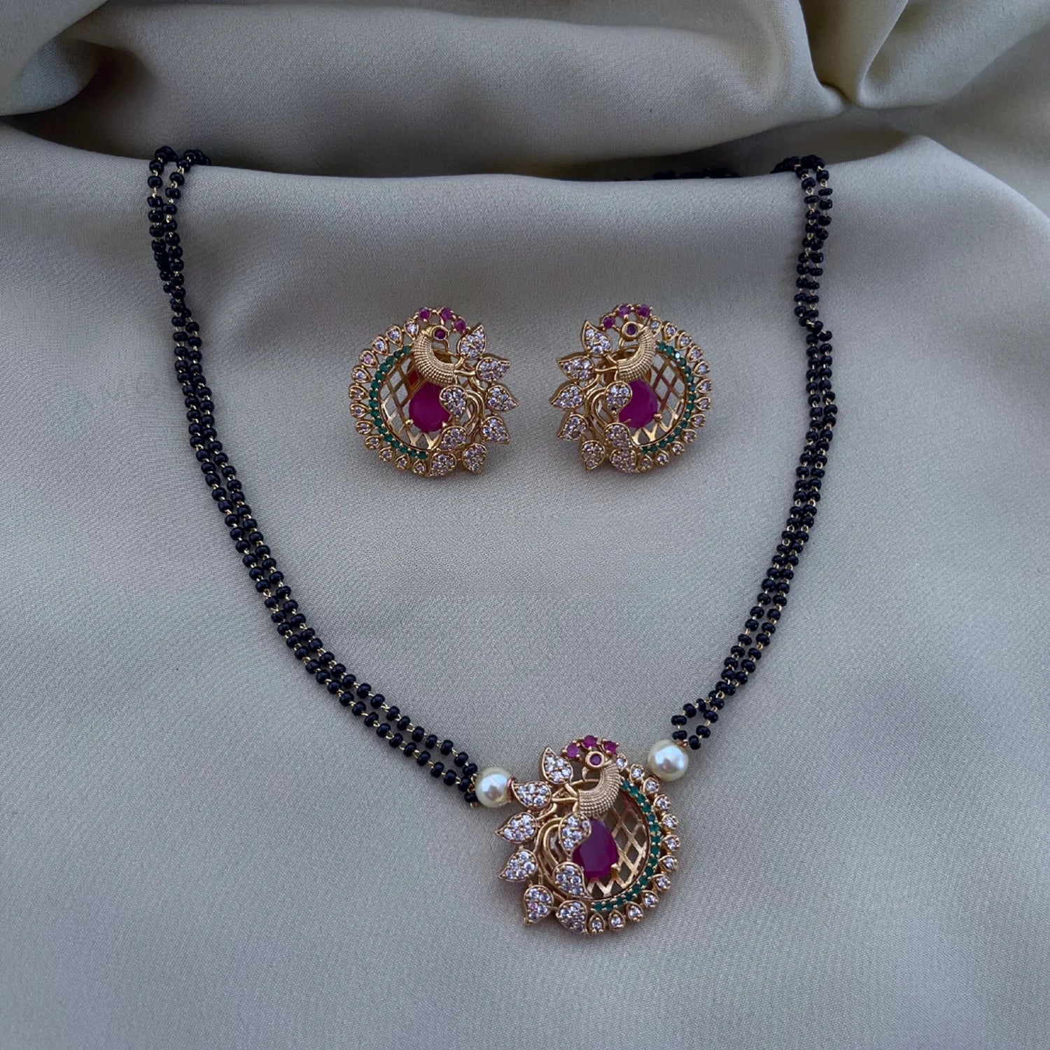 Peacock Mangalsutra Pendant Set with AD Stones