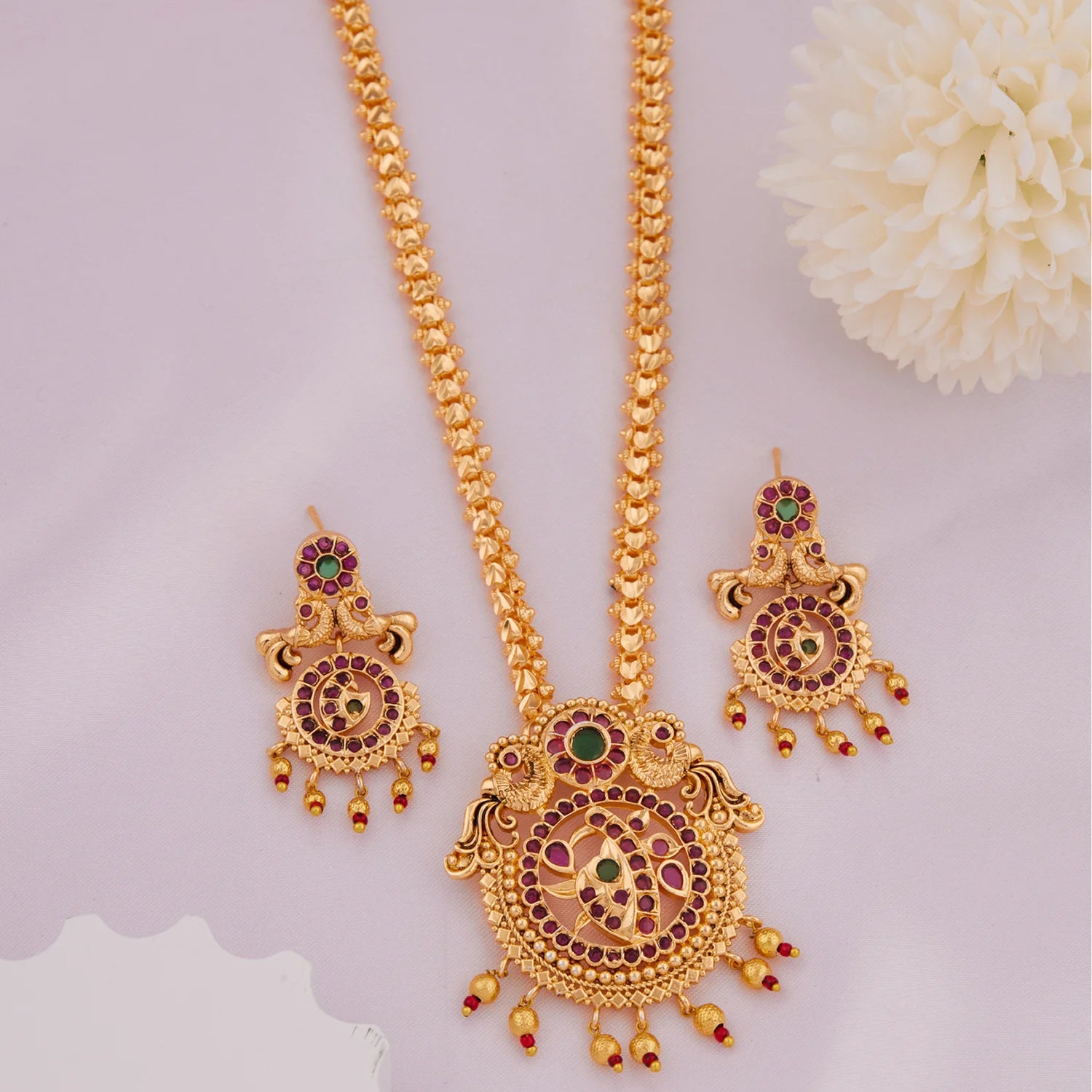 Temple Style Gold Plated Pendant Set with AD Stones