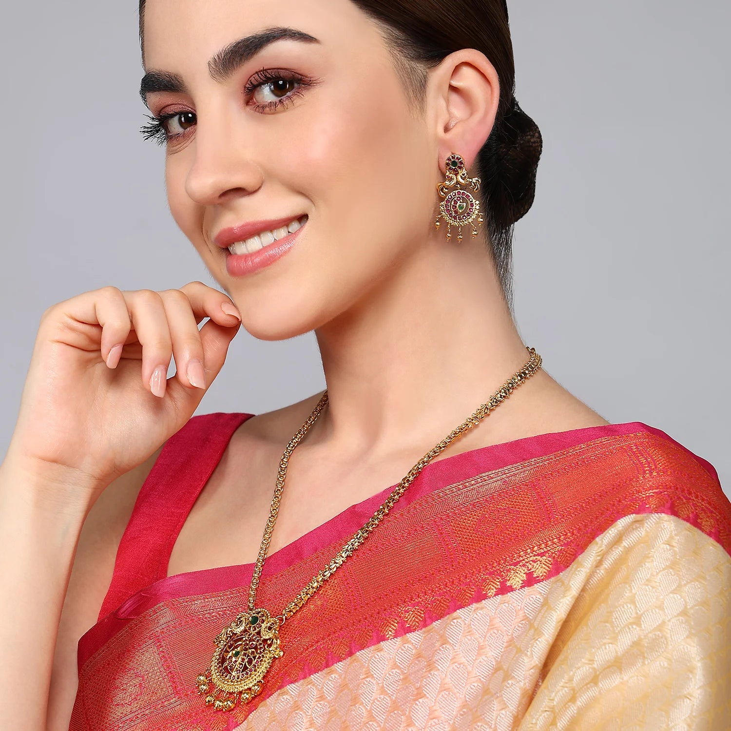Temple Style Gold Plated Pendant Set with AD Stones