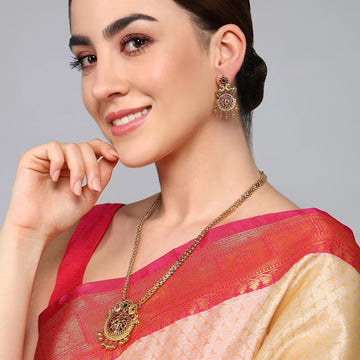 Temple Style Gold Plated Pendant Set with AD Stones