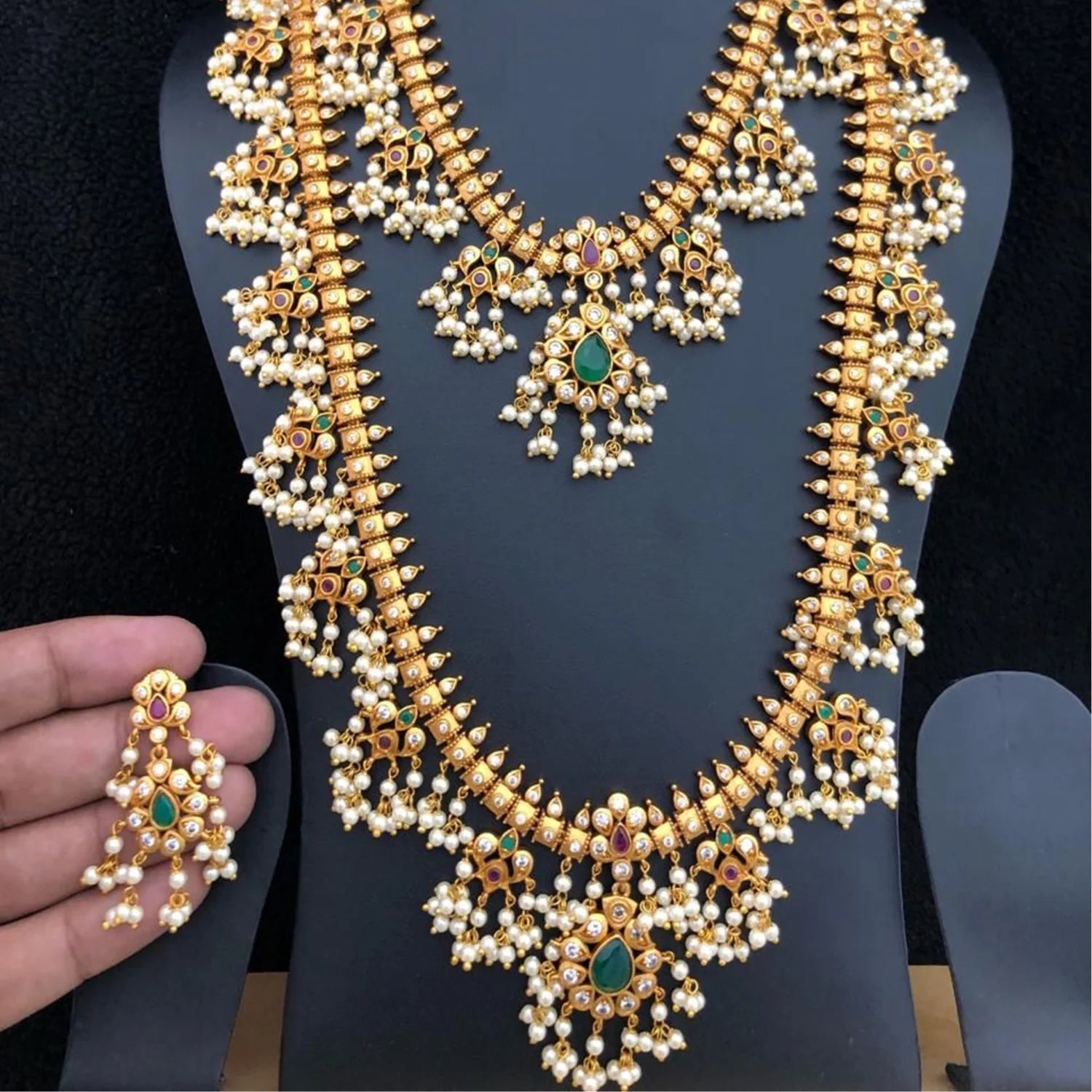 South Indian Bridal Necklace Combo Set with Pearls