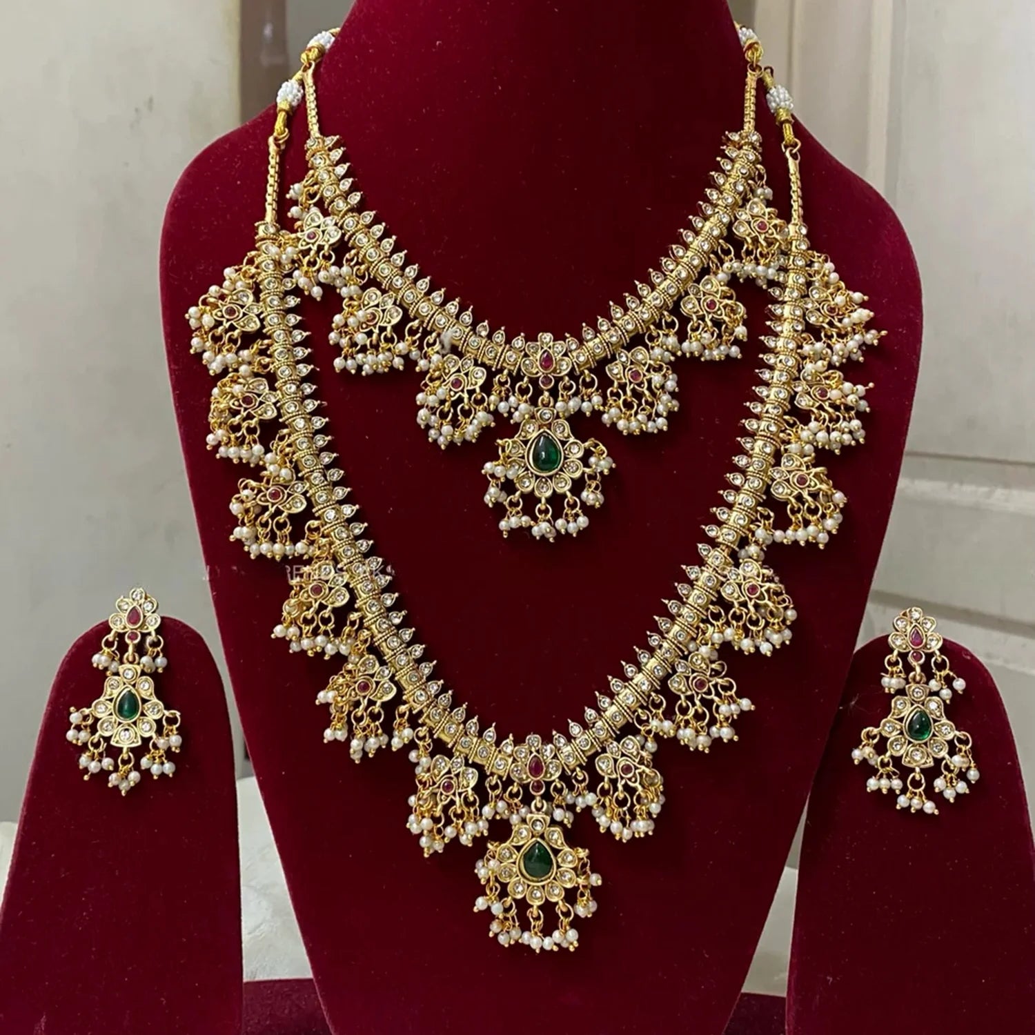 South Indian Bridal Necklace Combo Set with Pearls