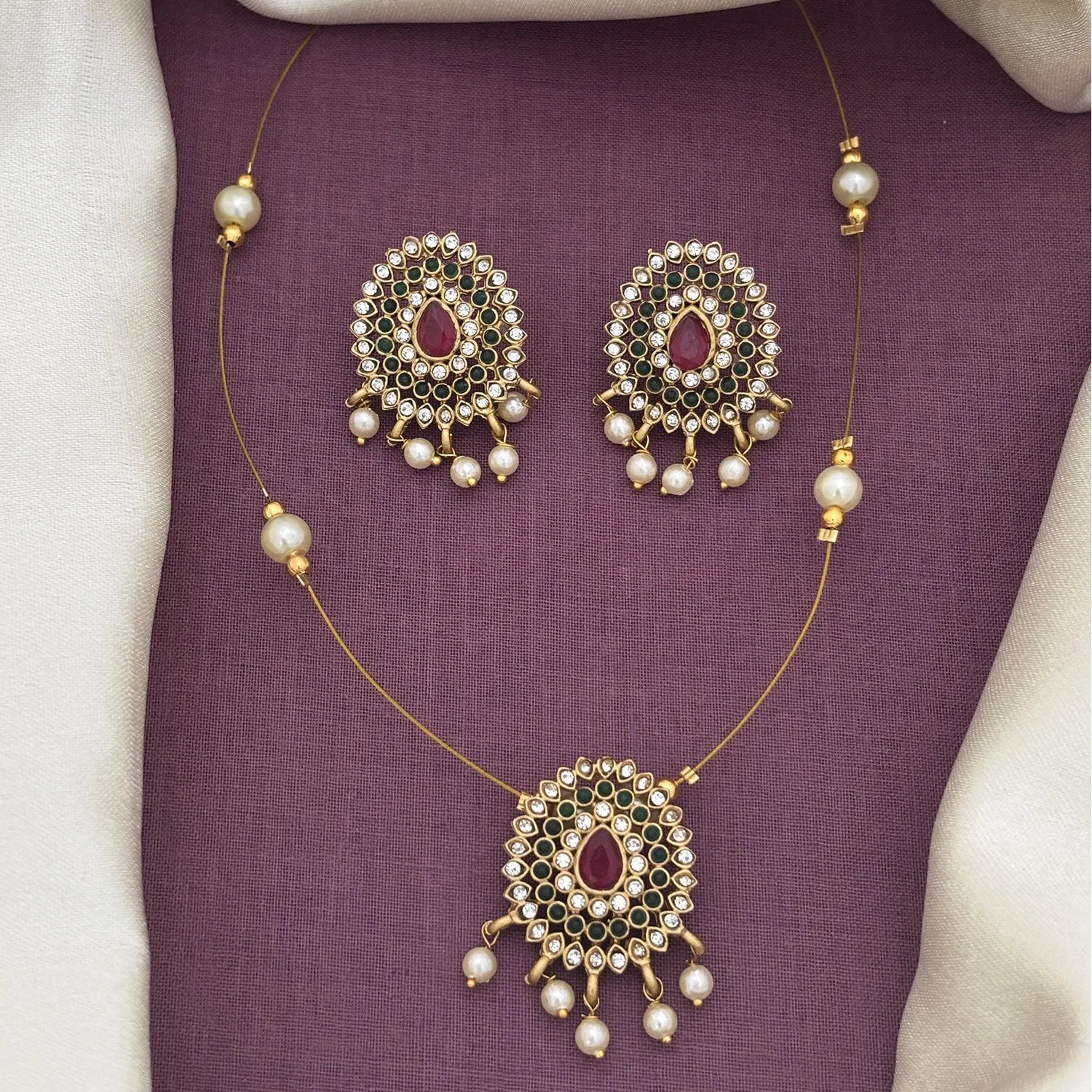 Kundan Pearl Drop Pendant Set with Earrings Gold Plated