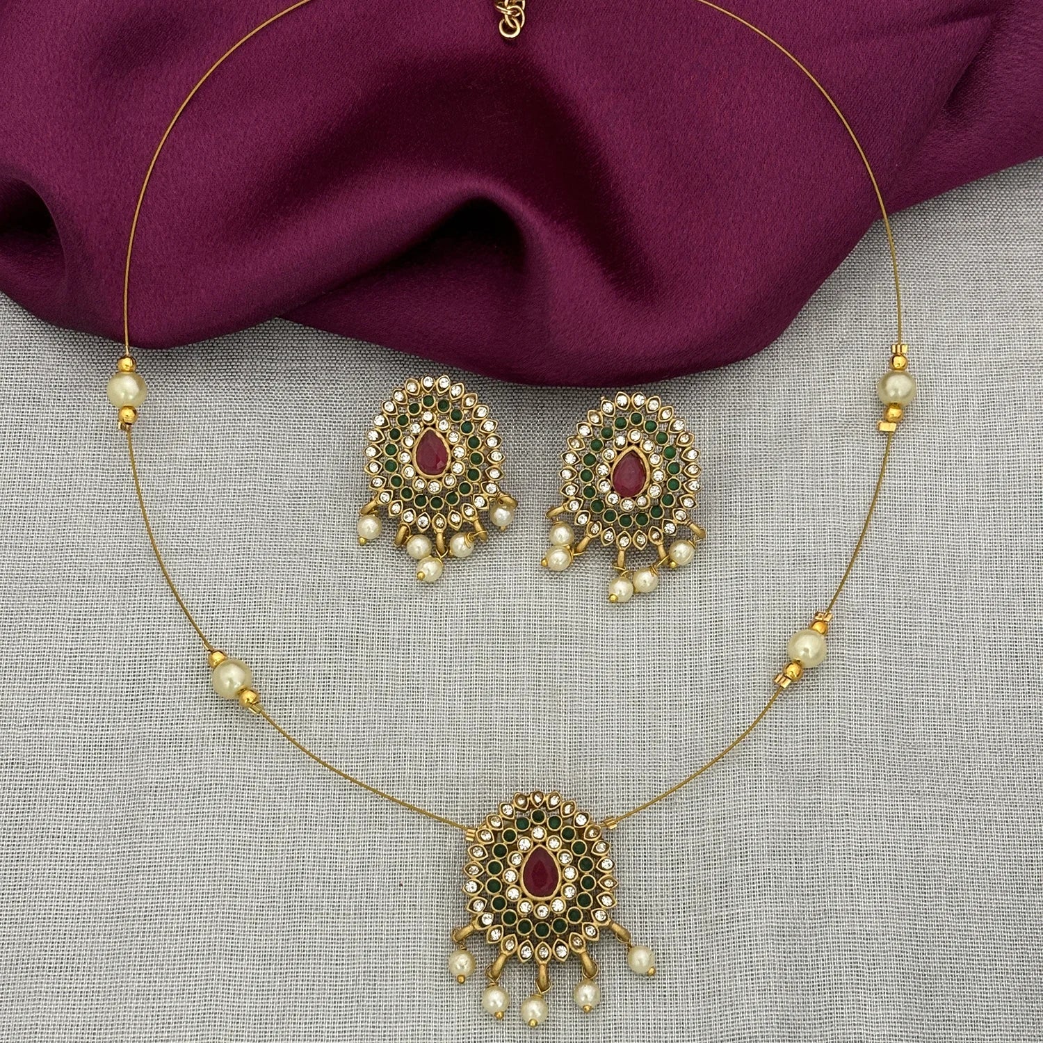 Kundan Pearl Drop Pendant Set with Earrings Gold Plated