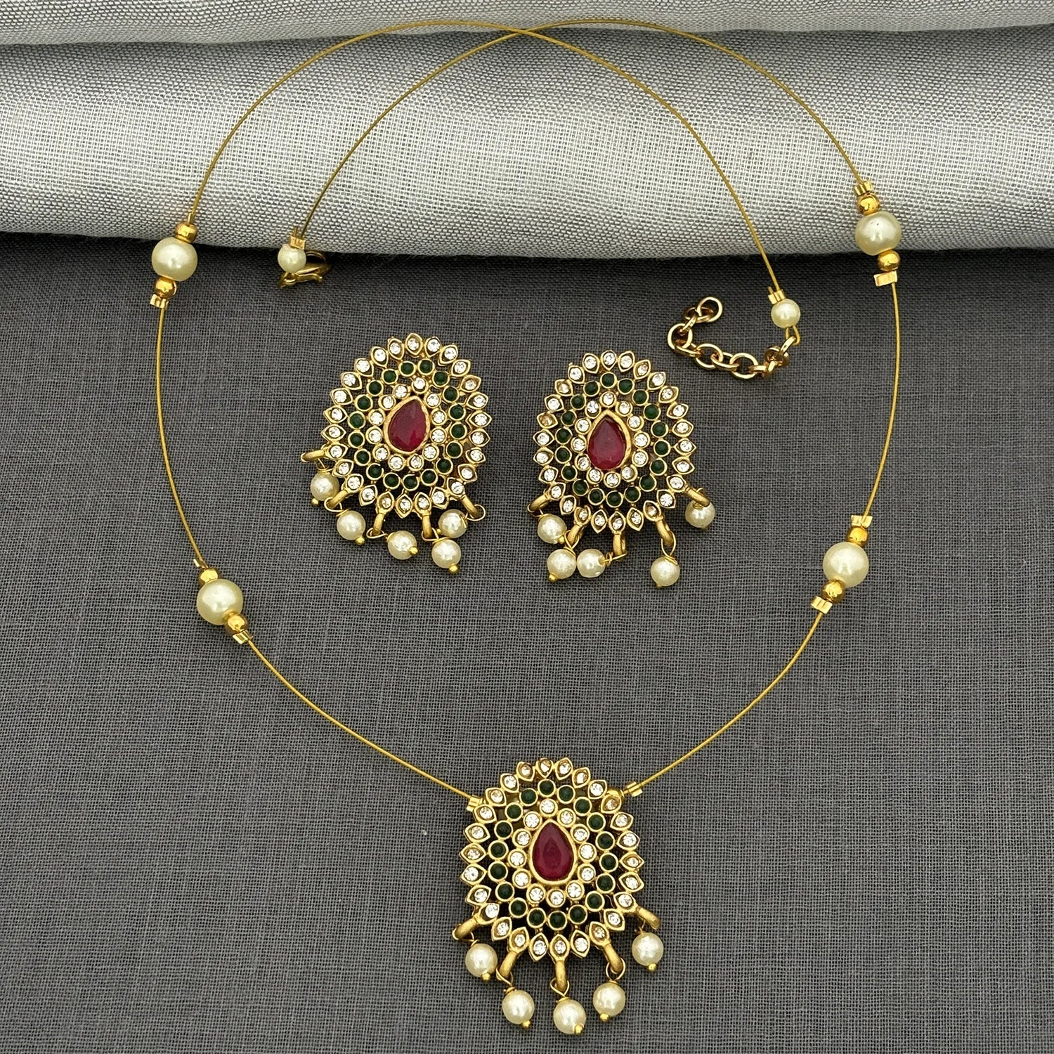 Kundan Pearl Drop Pendant Set with Earrings Gold Plated