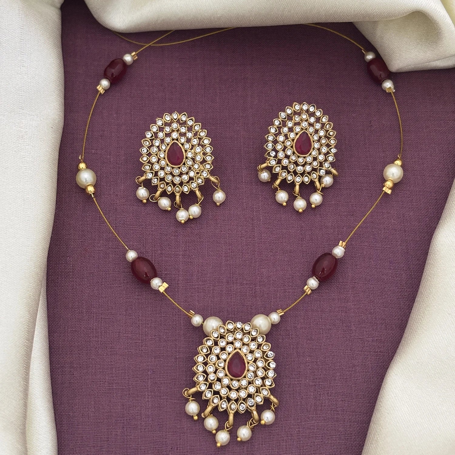 Kundan Pearl Drop Pendant Set with Earrings Gold Plated