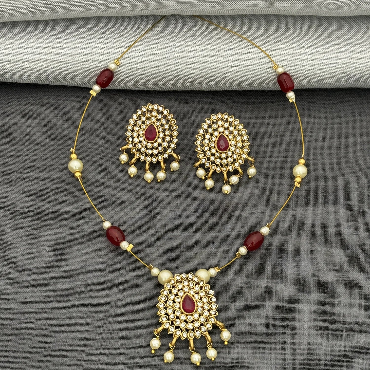 Kundan Pearl Drop Pendant Set with Earrings Gold Plated