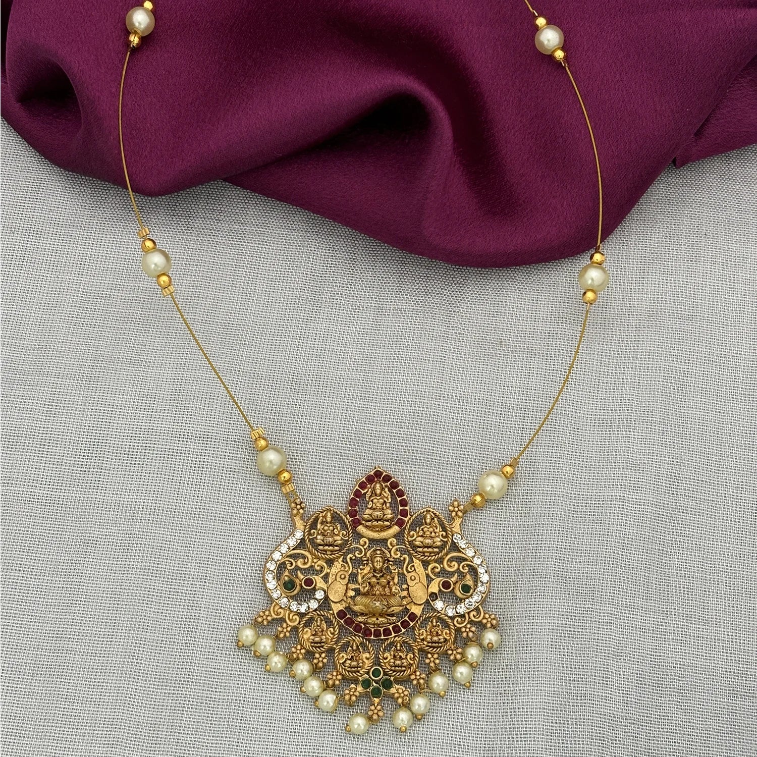 Temple Lakshmi Gold Plated Pendant Set with Pearls