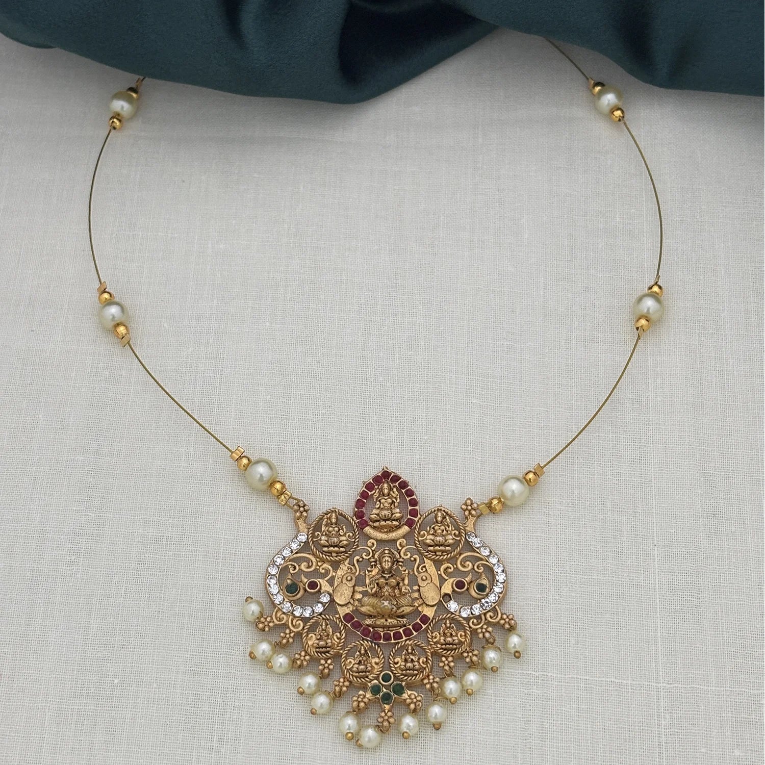 Temple Lakshmi Gold Plated Pendant Set with Pearls