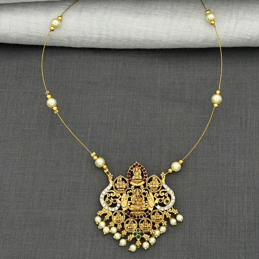 Temple Lakshmi Gold Plated Pendant Set with Pearls