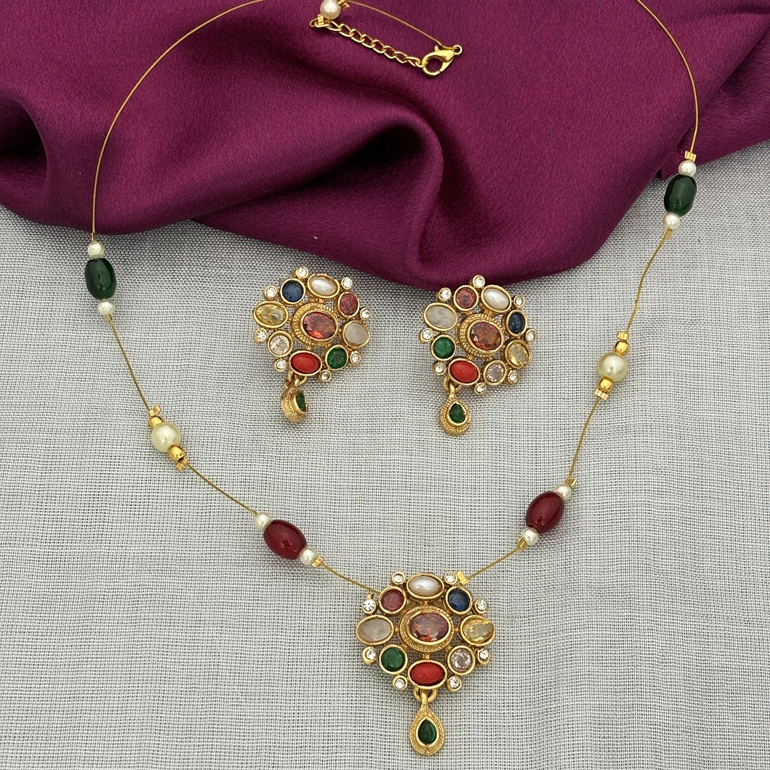 Multicolor Stone Gold Plated Pendant Set with Earrings