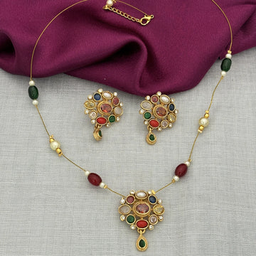 Multicolor Stone Gold Plated Pendant Set with Earrings
