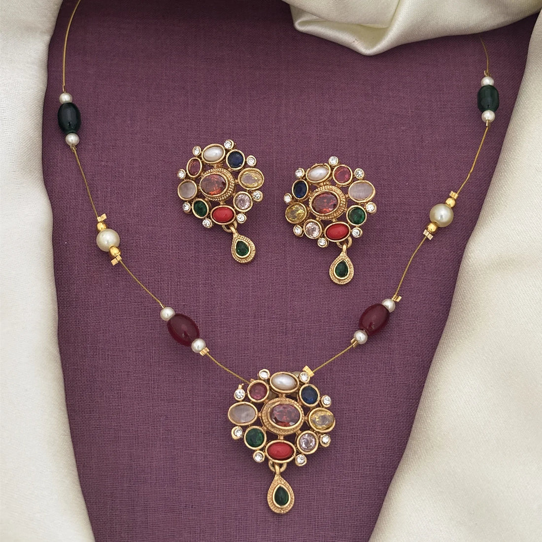 Multicolor Stone Gold Plated Pendant Set with Earrings