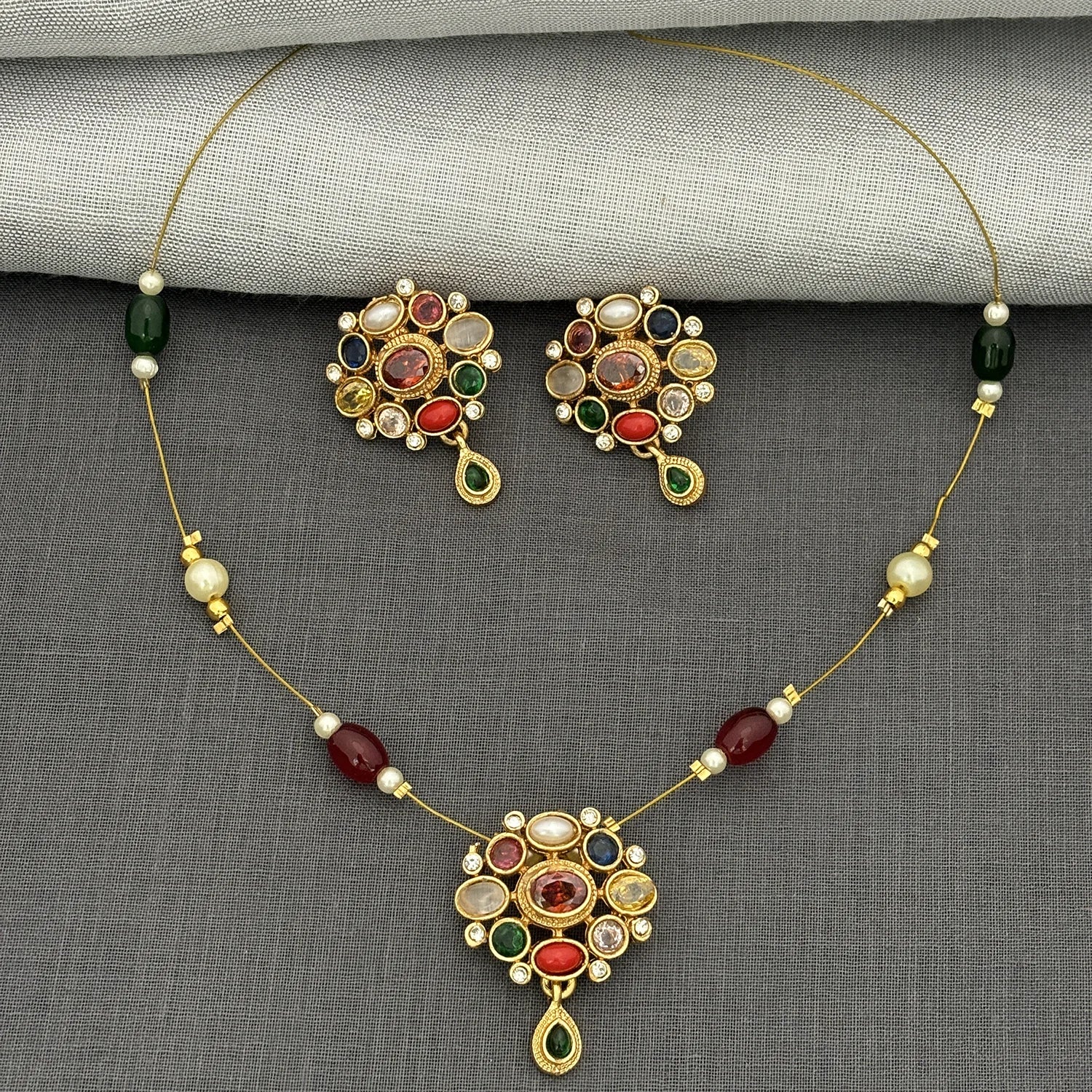 Multicolor Stone Gold Plated Pendant Set with Earrings