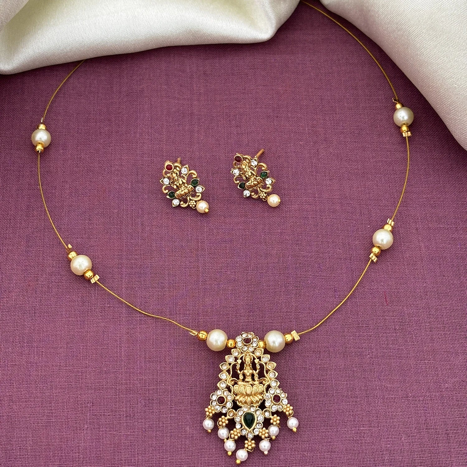 Lakshmi Pearl Gold Plated Pendant Set with Earrings