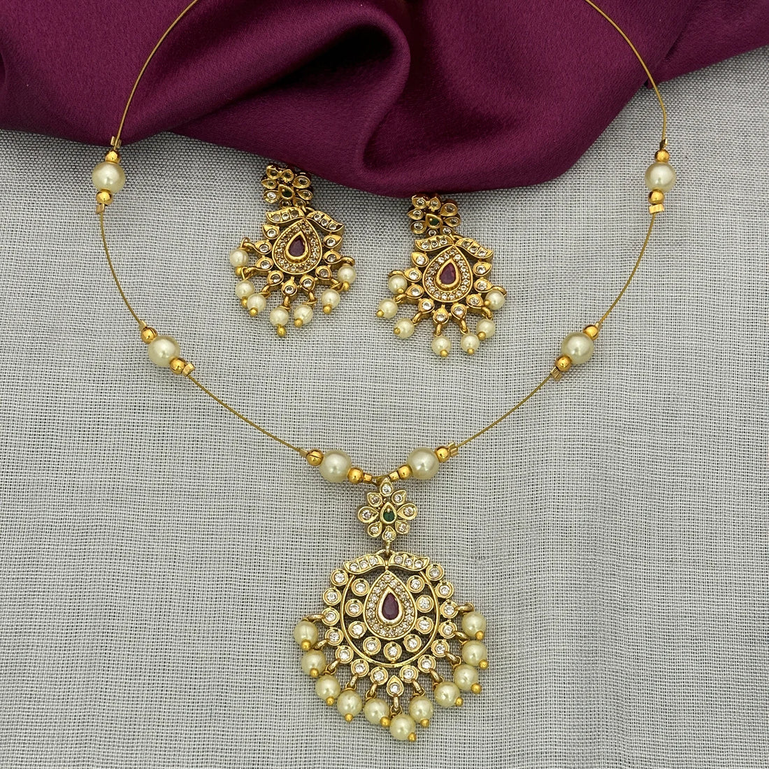 Pearl Drop Gold Plated Pendant Set with AD Stones