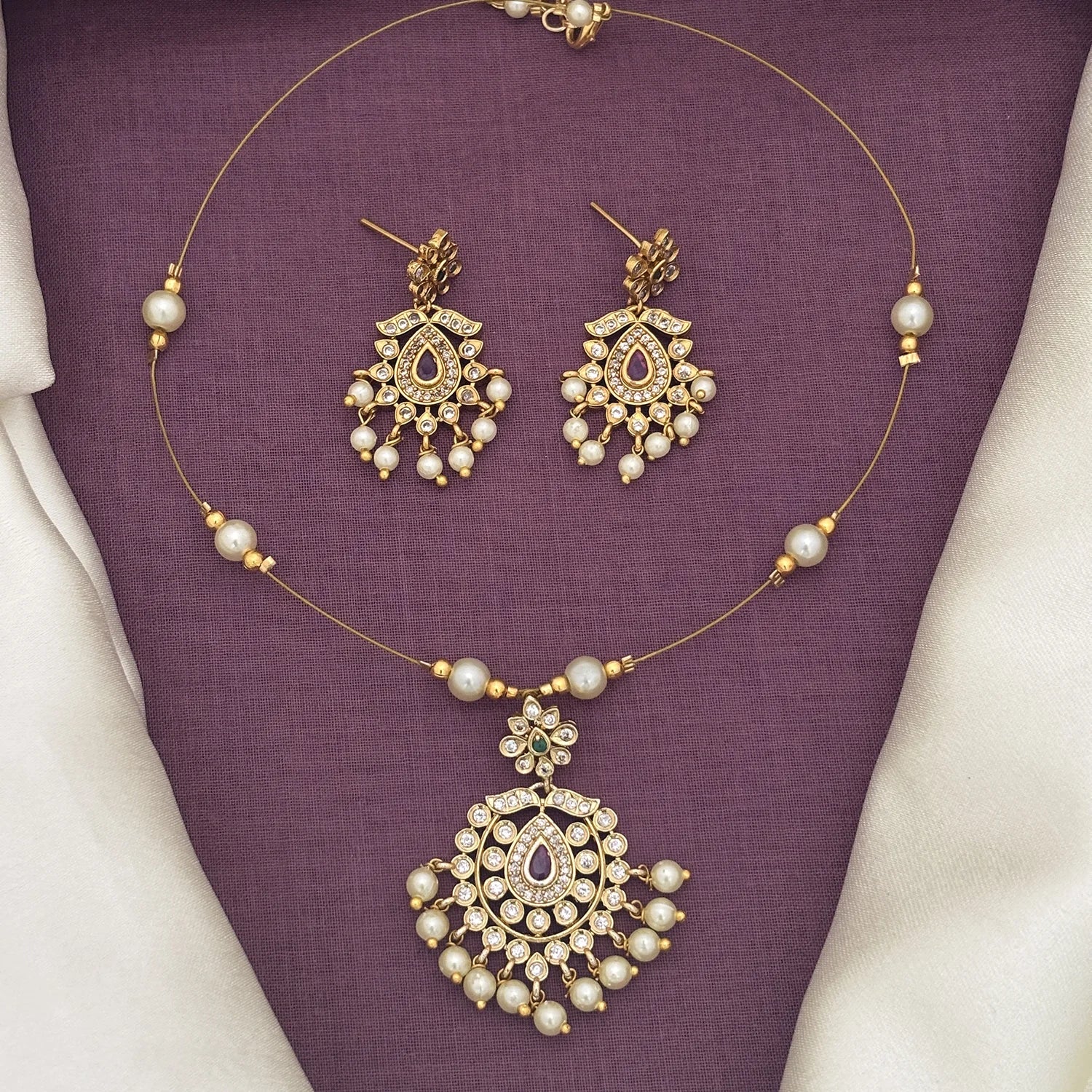 Pearl Drop Gold Plated Pendant Set with AD Stones
