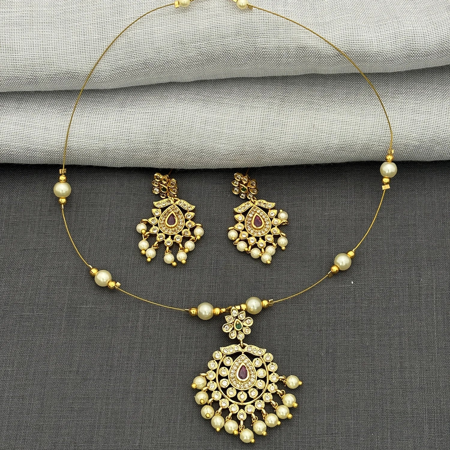 Pearl Drop Gold Plated Pendant Set with AD Stones