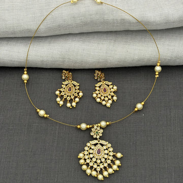 Pearl Drop Gold Plated Pendant Set with AD Stones