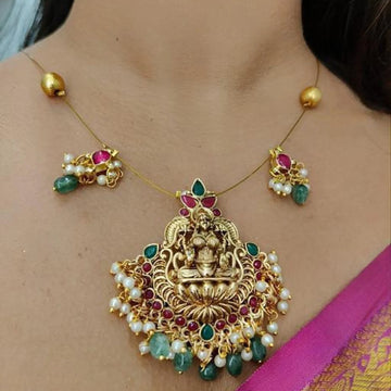 Lakshmi Temple Gold Plated Pendant Set with Ruby & Green Stones