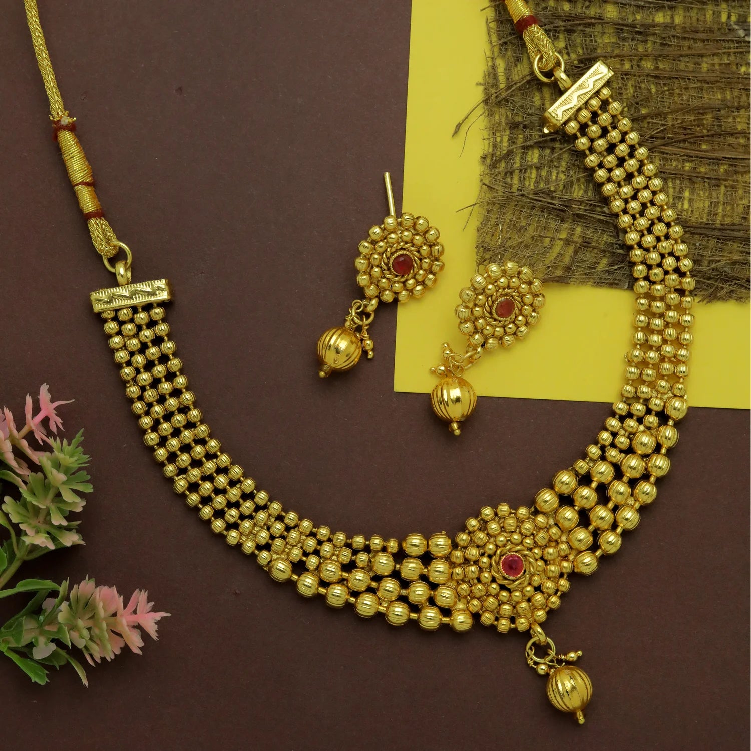 Traditional Gold Beaded South Indian Necklace Set with Earrings
