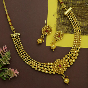 Traditional Gold Beaded South Indian Necklace Set with Earrings