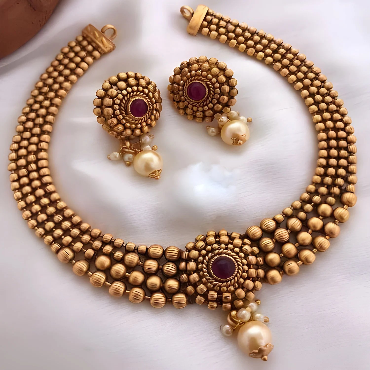 Traditional Gold Beaded South Indian Necklace Set with Earrings