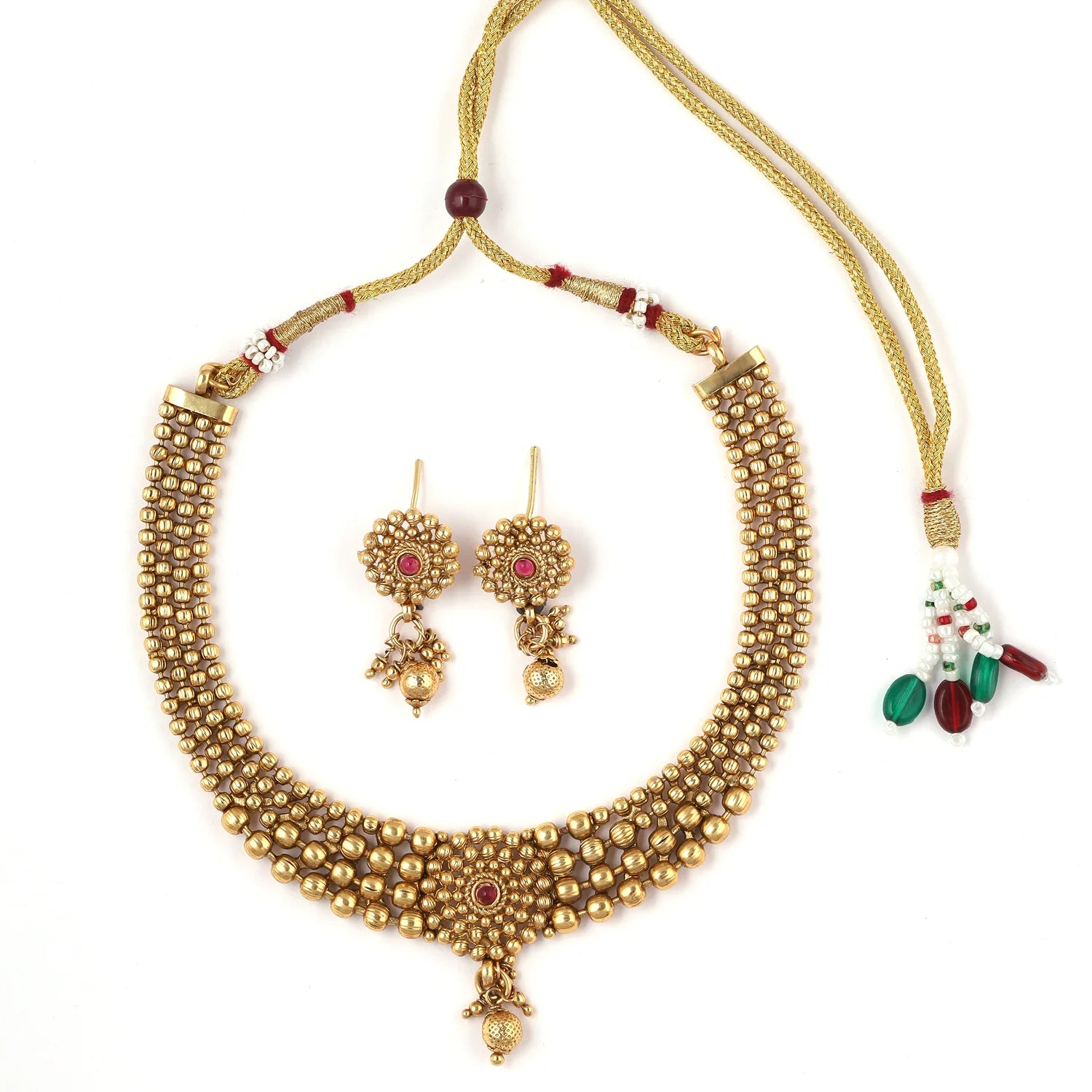 Traditional Gold Beaded South Indian Necklace Set with Earrings