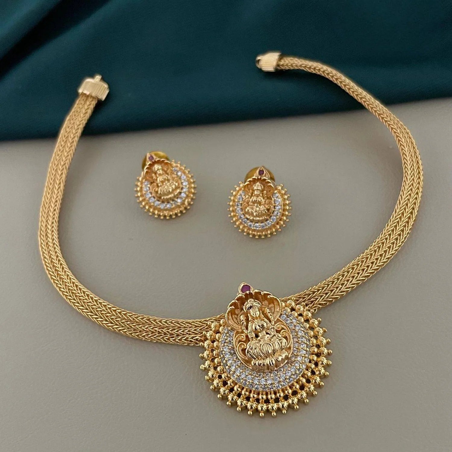 Lakshmi Temple Gold Plated Mesh Choker Set with Earrings