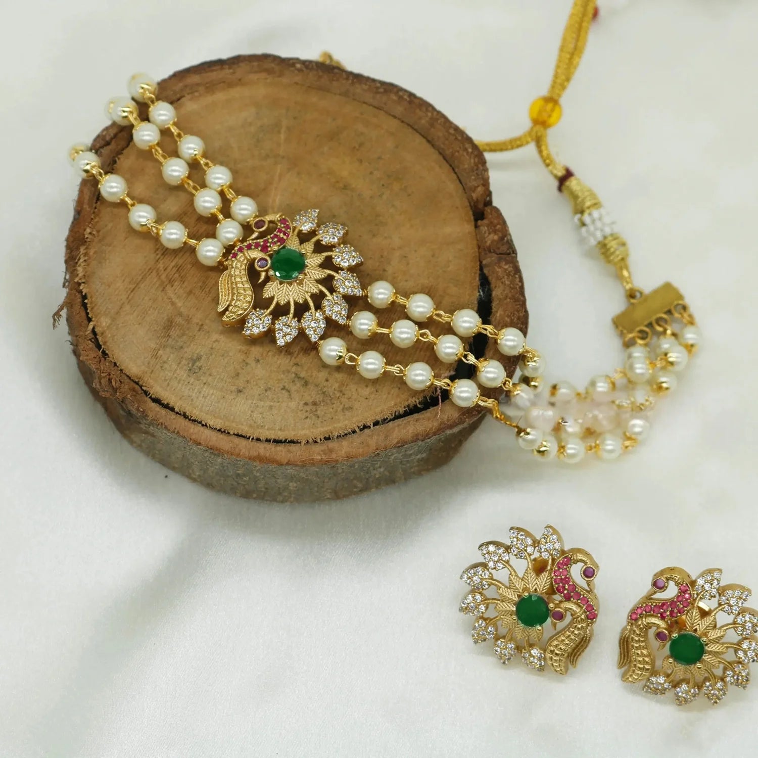 Peacock Pearl Mala Choker Set with AD Stones