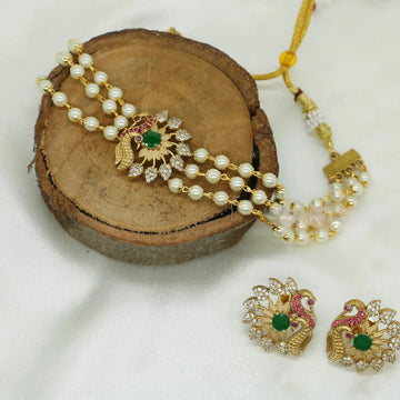Peacock Pearl Mala Choker Set with AD Stones
